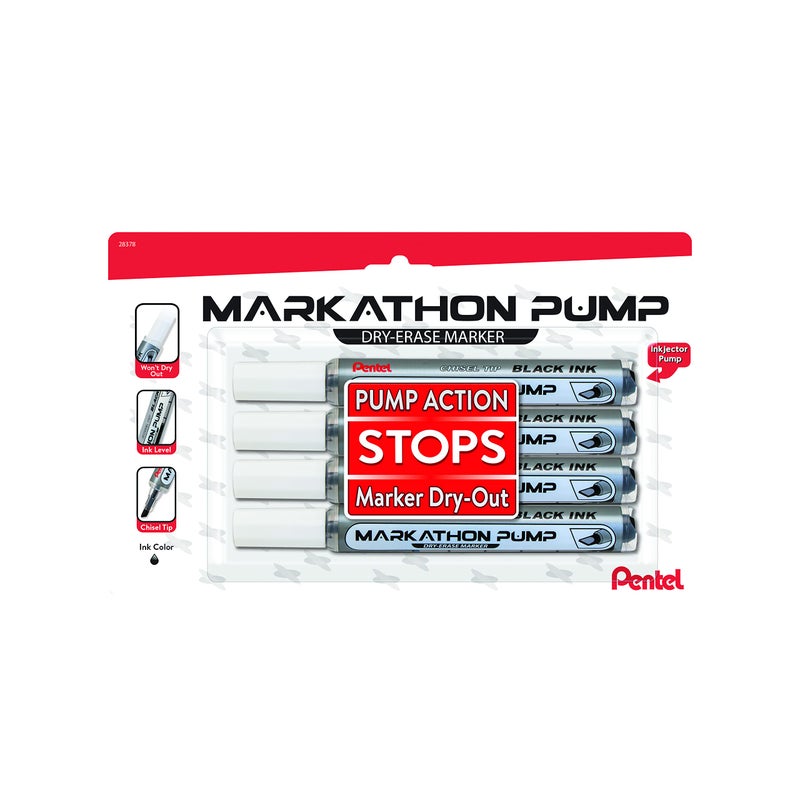 Pentel Markathon Pump Dry Erase Marker, Chisel Tip, Black Ink, 4 Pack (MWL6SXBP4A) - Image 1